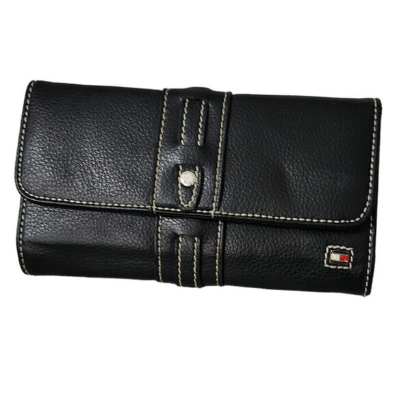 Tommy Hilfiger Black Leather Large Check Book WALLET Retro Trifold - Picture 1 of 9